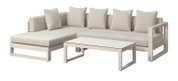 L-förmiges Lounge-Set mit beigen Kissen und einem passenden Couchtisch, seitliche Perspektive