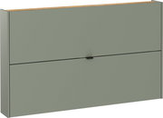 Moderner Schuhschrank in grauer Farbe mit Holzoberfläche, Frontansicht