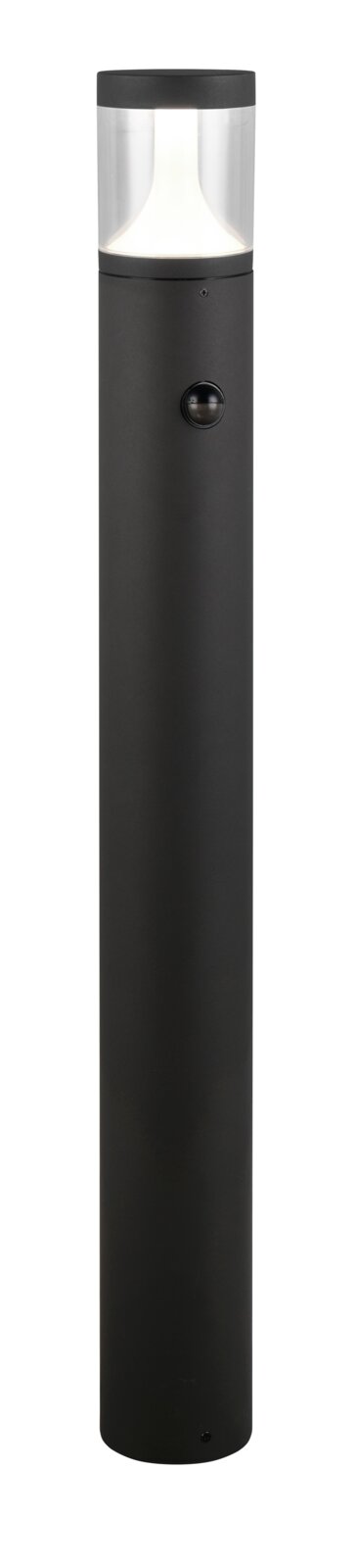 Zwarte LED-buitenvloerlamp in cilindrische vorm, van voren gefotografeerd