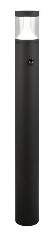 Zwarte LED-buitenvloerlamp in cilindrische vorm, van voren gefotografeerd