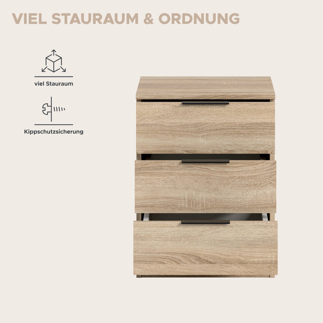 Frontansicht einer hellen Holzkommode mit drei Schubladen und schwarzen Griffleisten, zwei Schubladen leicht geöffnet; links Icons und Text „Viel Stauraum & Ordnung“, „viel Stauraum“ und „Kippschutzsicherung“.