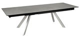 Moderner Esstisch mit grauer Tischplatte und schrägen Metallbeinen, seitliche Perspektive