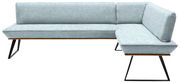 Eckbank in hellblauem Stoffbezug mit schwarzem Metallgestell, Perspektive von vorne
