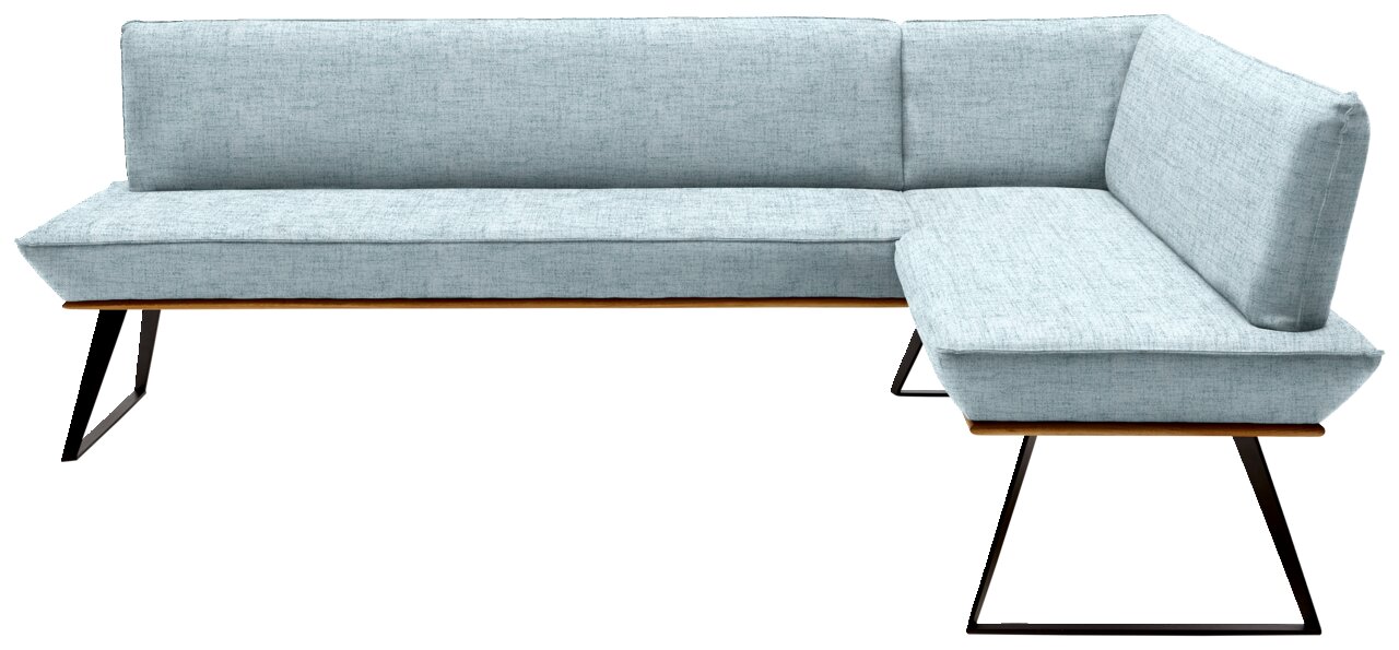 Eckbank in hellblauem Stoffbezug mit schwarzem Metallgestell, Perspektive von vorne