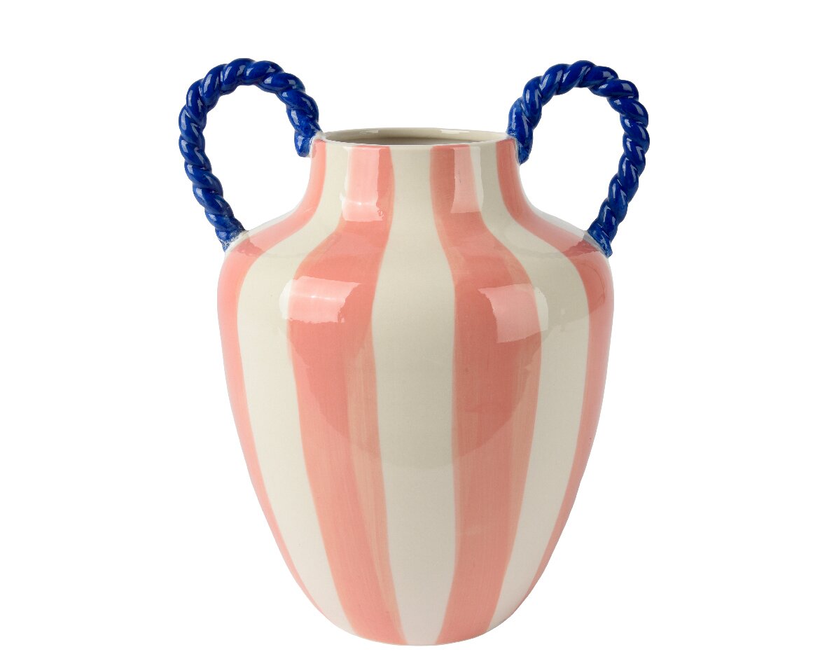 Decoris Vase Pink Stripes 32cm Vase mit rosa Streifen und blauen, gedrehten Henkeln, frontal abgebildet