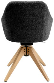 Achterkant van een fauteuil met zwarte stoffen bekleding en houten poten