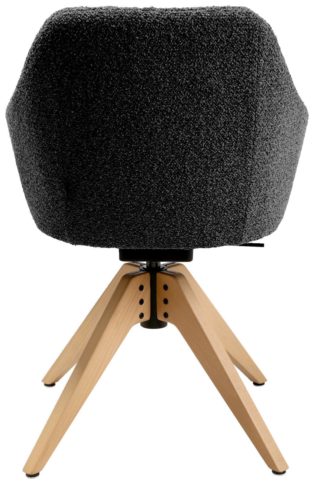 Achterkant van een fauteuil met zwarte stoffen bekleding en houten poten