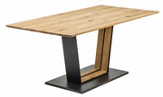 Moderner Esstisch aus Holz mit schwarzem Metallgestell, seitliche Perspektive