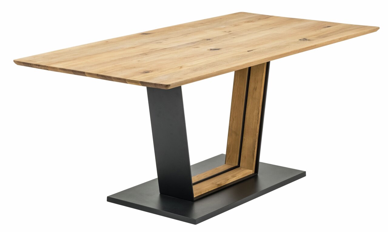Moderner Esstisch aus Holz mit schwarzem Metallgestell, seitliche Perspektive