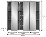 Spiegelschrank mit drei Türen, Holzoptik, Maße 80 cm Breite, 75 cm Höhe, 20 cm Tiefe, Frontansicht