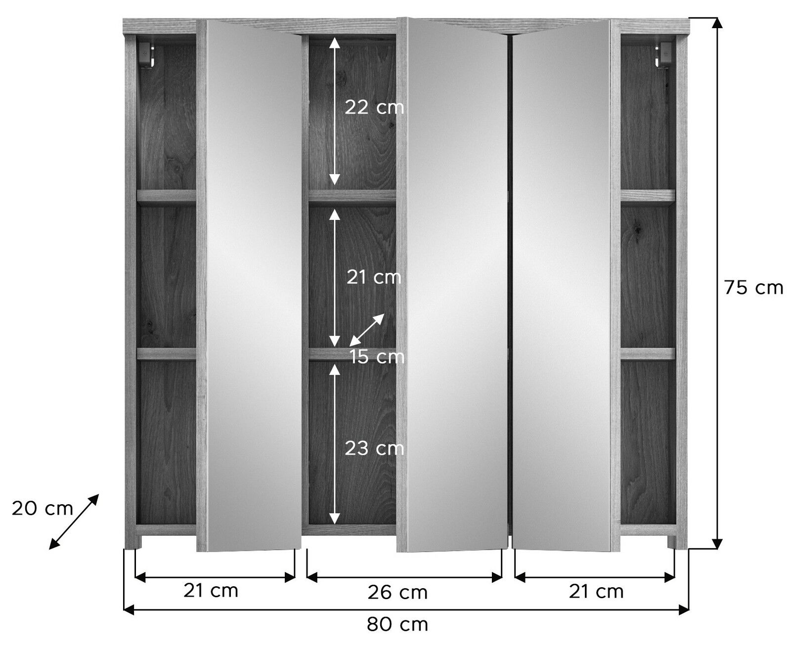 Spiegelschrank mit drei Türen, Holzoptik, Maße 80 cm Breite, 75 cm Höhe, 20 cm Tiefe, Frontansicht