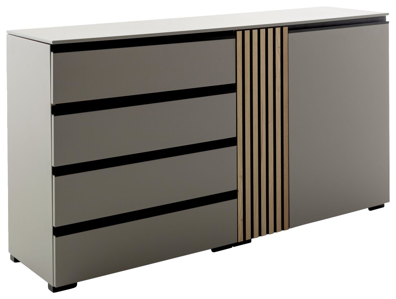 Modernes Sideboard mit vier Schubladen und einer Tür, graue Fronten mit schwarzen Griffen und Holzstreifen, seitliche Perspektive