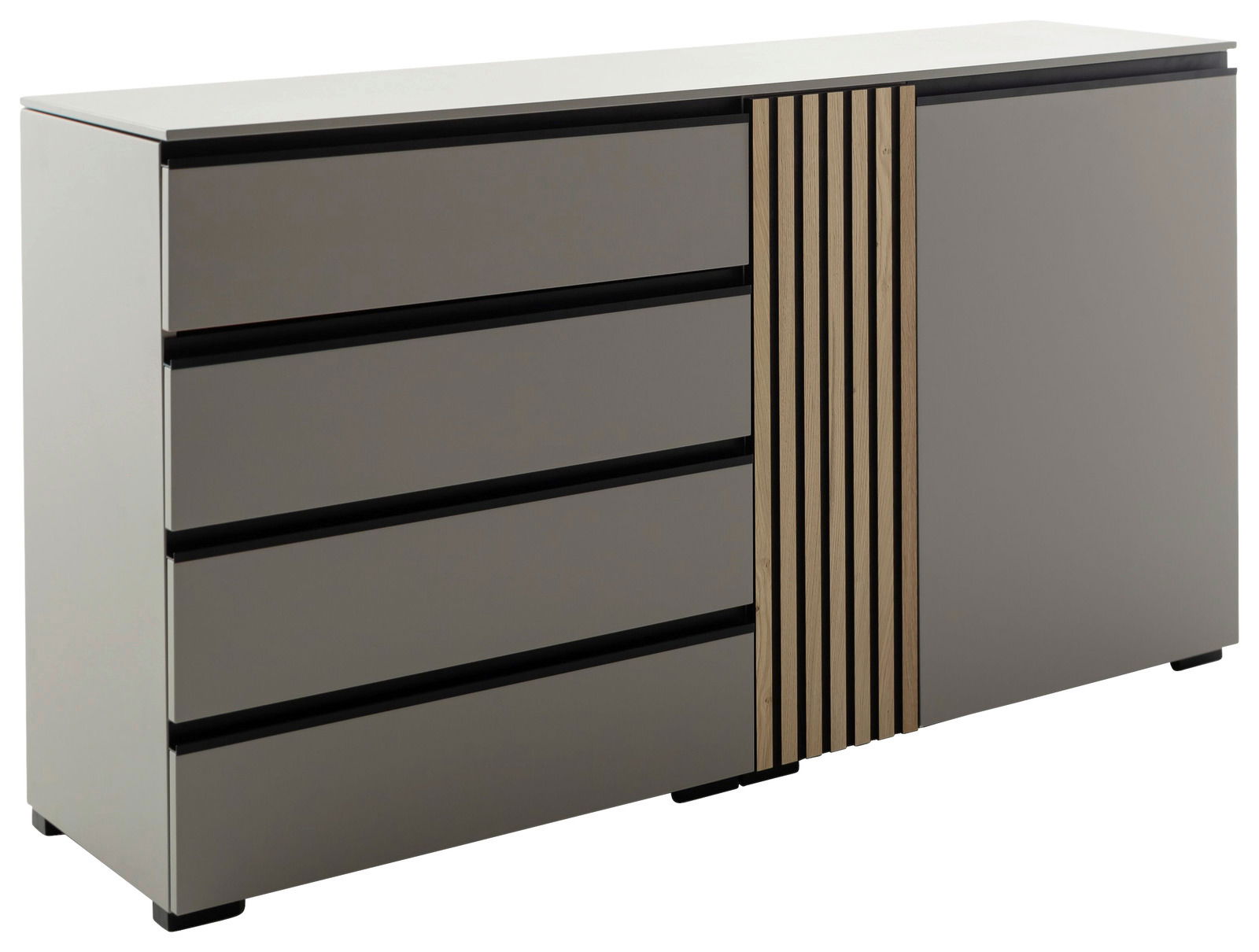 Modernes Sideboard mit vier Schubladen und einer Tür, graue Fronten mit schwarzen Griffen und Holzstreifen, seitliche Perspektive