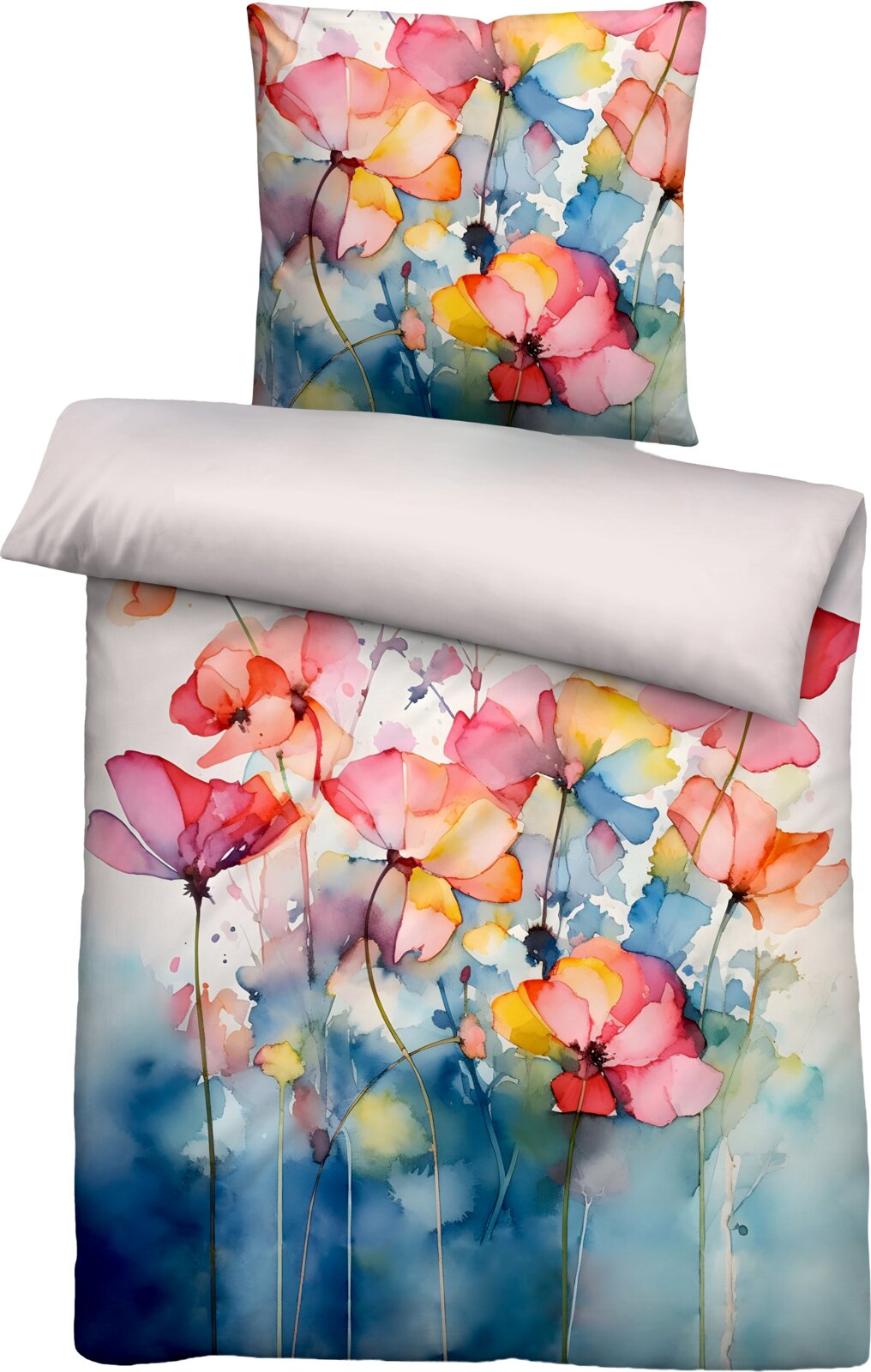 Biberna Bettwäsche TENCEL Bettwäsche-Set mit Aquarell-Blumenmuster in Rosa, Orange und Blau, frontal in leichter Schrägansicht gezeigt, mit Kissenbezug und umgeschlagenem weißen Deckenrand