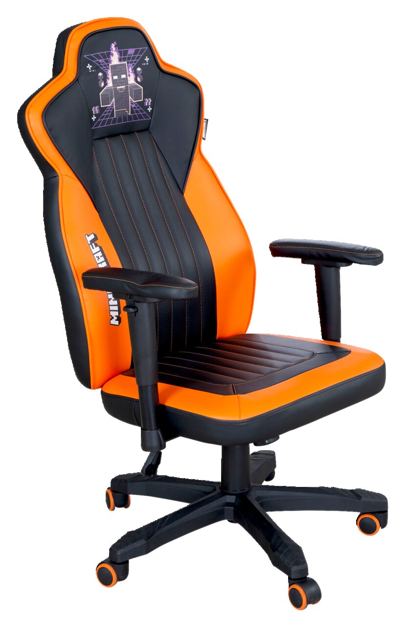 Gaming-Stuhl in Schwarz und Orange mit Minecraft-Design, seitliche Perspektive