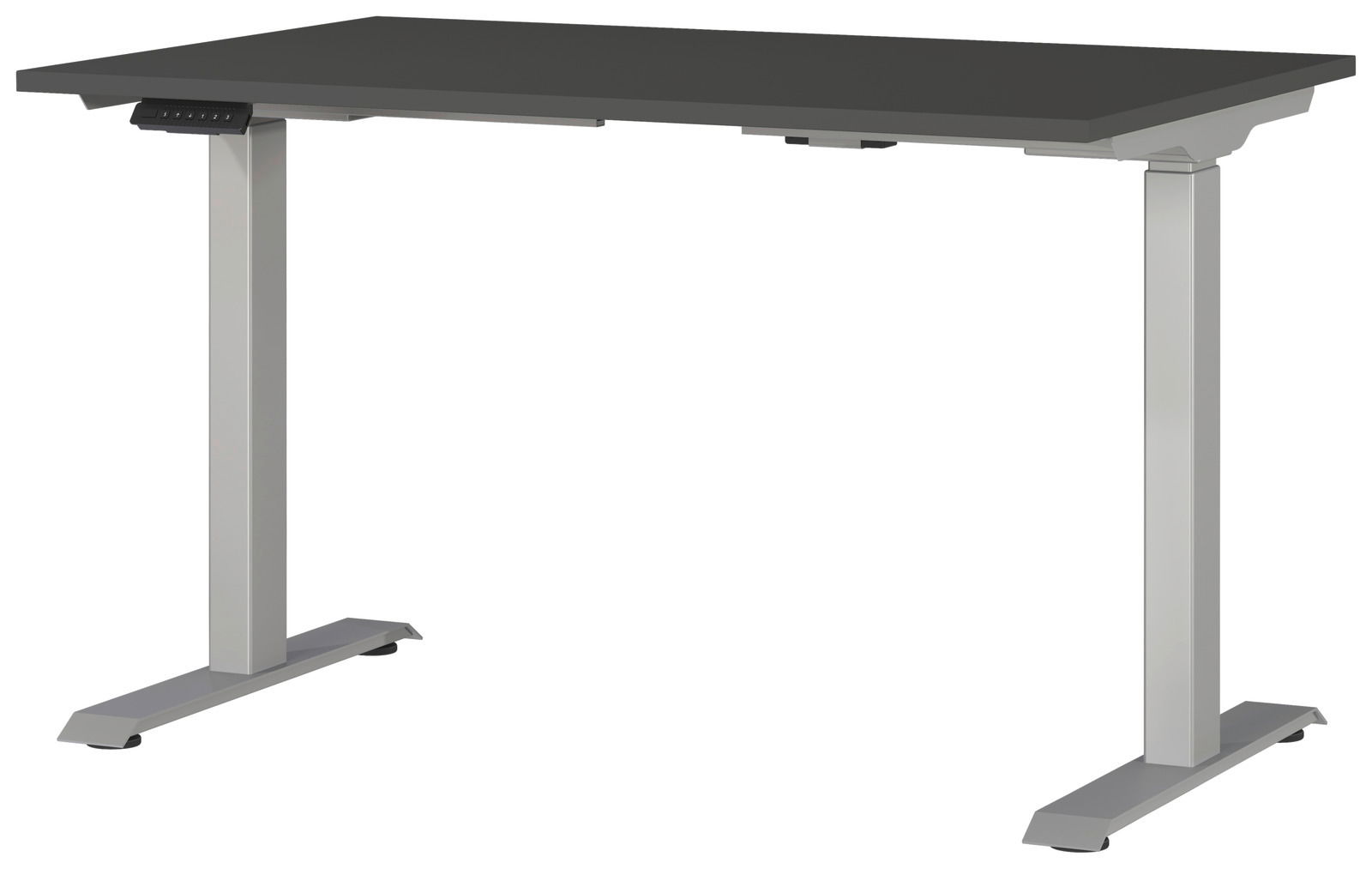 Moderner E-Schreibtisch mit schwarzer Tischplatte und silbernen, höhenverstellbaren Beinen, seitliche Perspektive