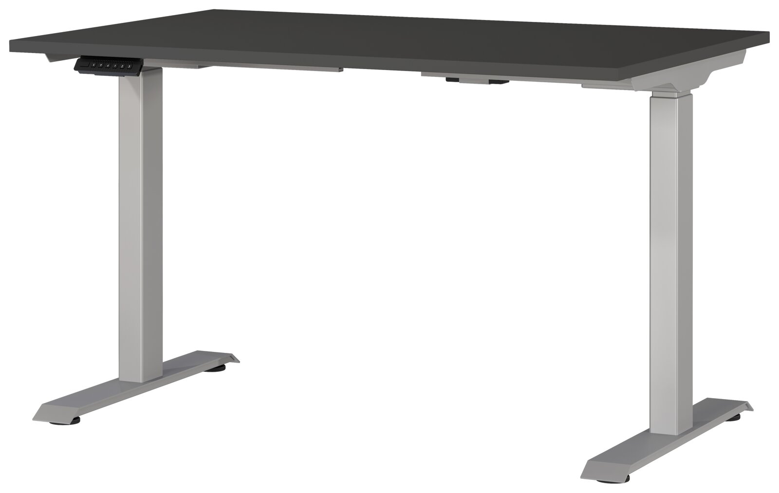 Moderner E-Schreibtisch mit schwarzer Tischplatte und silbernen, höhenverstellbaren Beinen, seitliche Perspektive