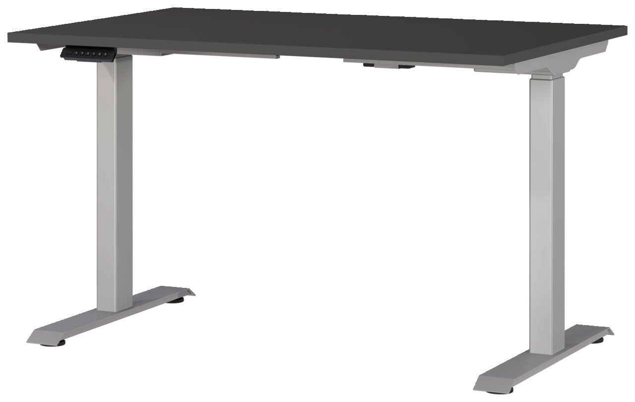 Moderner E-Schreibtisch mit schwarzer Tischplatte und silbernen, höhenverstellbaren Beinen, seitliche Perspektive