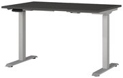 Moderner E-Schreibtisch mit schwarzer Tischplatte und silbernen, höhenverstellbaren Beinen, seitliche Perspektive
