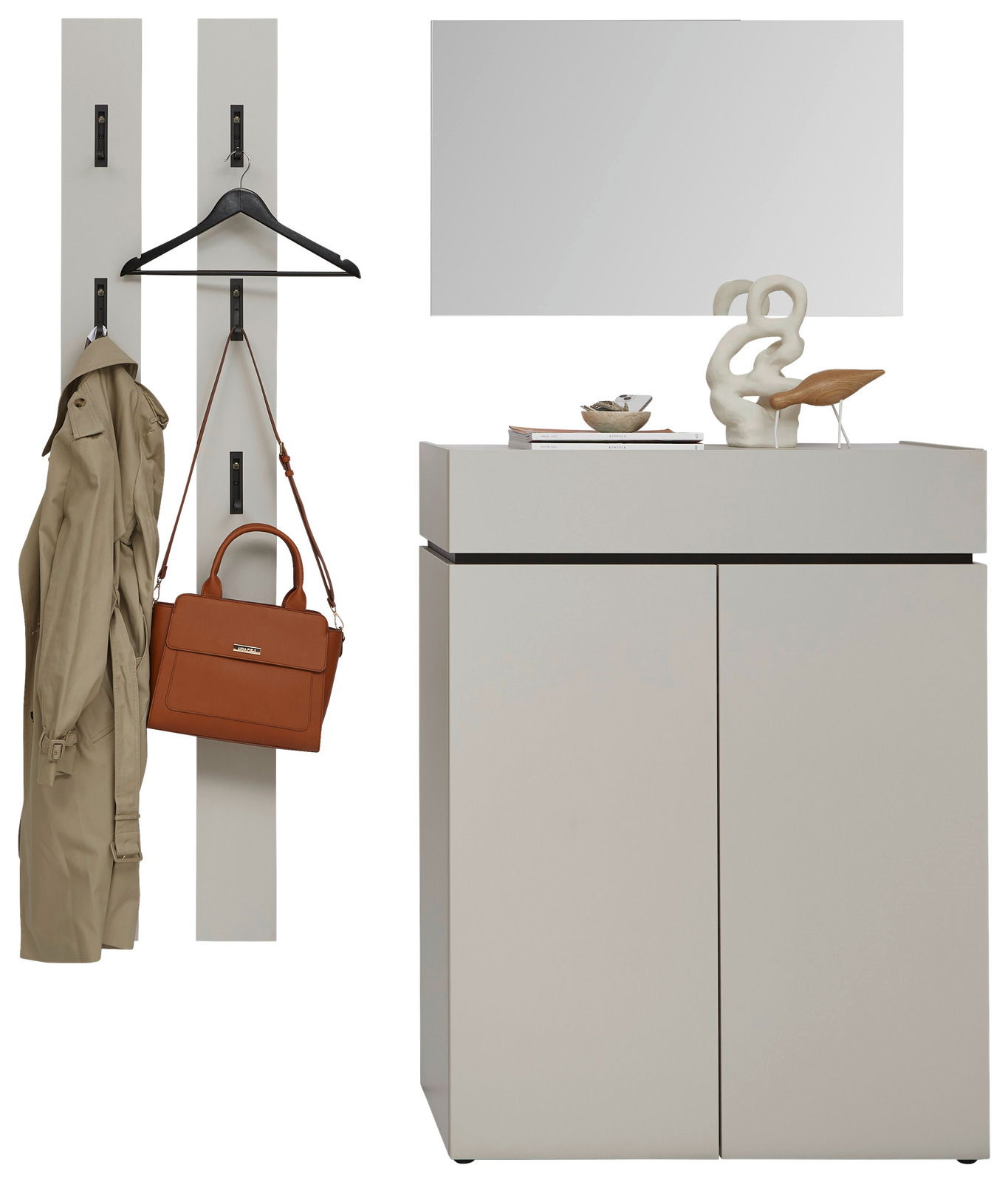 Garderoben-Set in Kaschmir mit zwei Wandpaneelen, einem Spiegel und einem Schrank, frontal betrachtet.