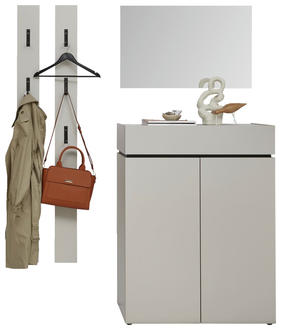 Voleo Garderoben-Set 9 UNIQUE Garderoben-Set in Kaschmir mit zwei Wandpaneelen, einem Spiegel und einem Schrank, frontal betrachtet.