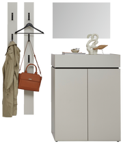 Garderoben-Set in Kaschmir mit zwei Wandpaneelen, einem Spiegel und einem Schrank, frontal betrachtet.