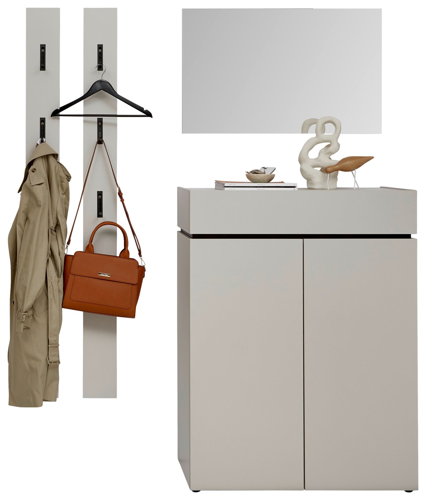 Garderoben-Set in Kaschmir mit zwei Wandpaneelen, einem Spiegel und einem Schrank, frontal betrachtet.