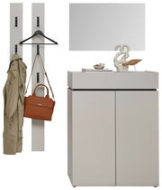 Garderoben-Set in Kaschmir mit zwei Wandpaneelen, einem Spiegel und einem Schrank, frontal betrachtet.