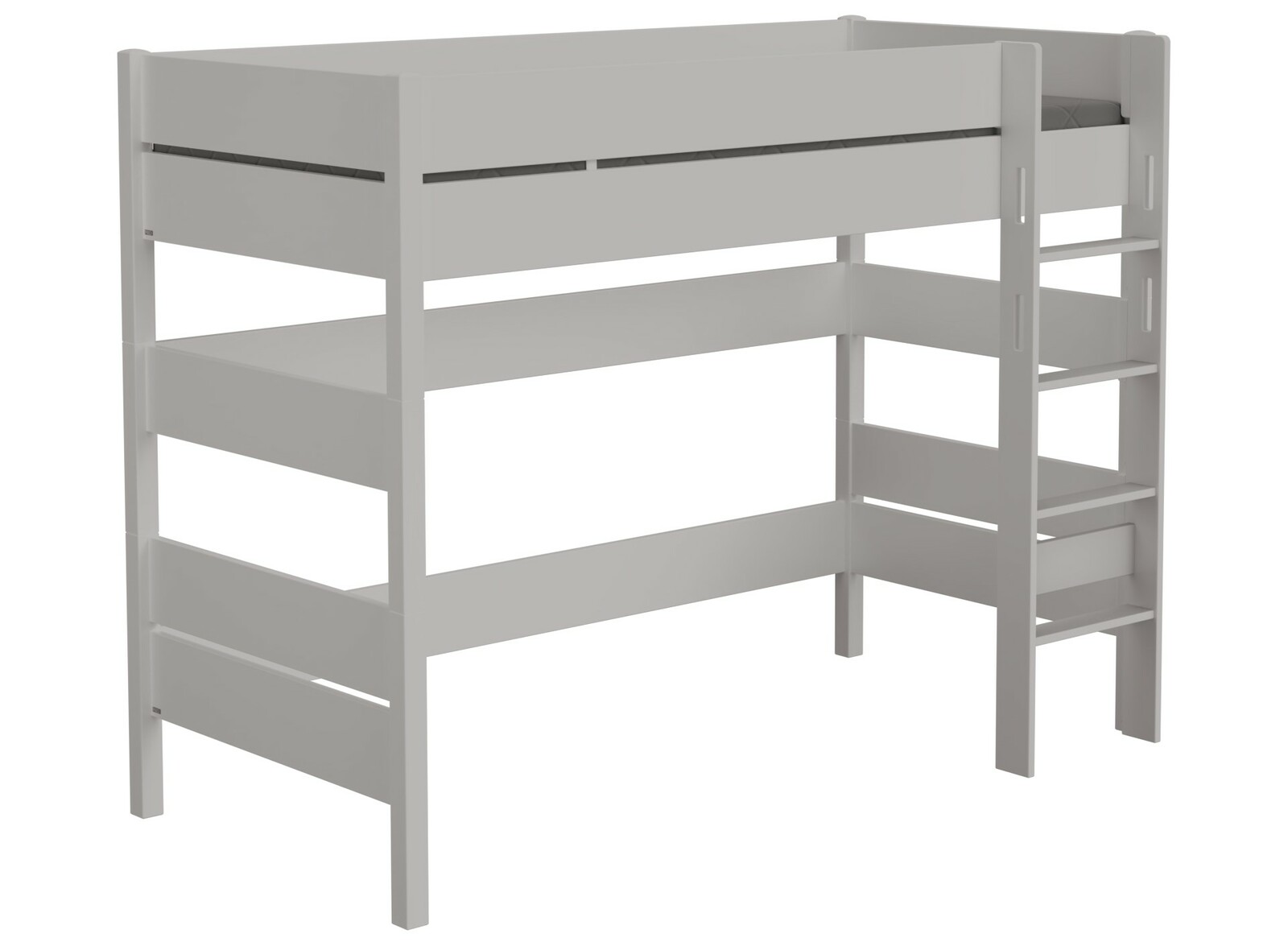 Weißes Spielbett mit Leiter, seitliche Perspektive