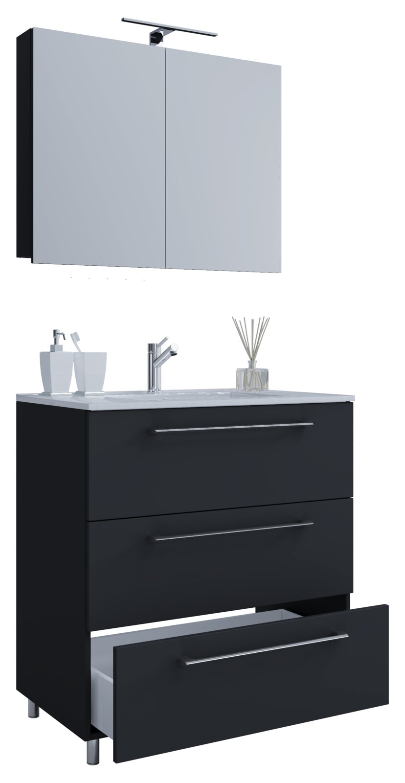 Modernes Badmöbel-Set in Anthrazit mit weißem Waschbecken, Unterschrank mit drei Schubladen (untere geöffnet), darüber Spiegelschrank mit LED-Aufsatzleuchte – Frontansicht in leichter Schrägperspektive
