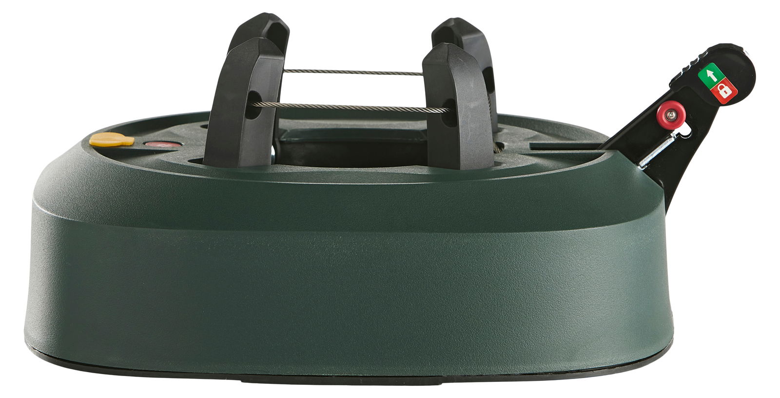 Seitliche Ansicht eines grünen Christbaumständers mit Hebelmechanismus und Spannseilen.