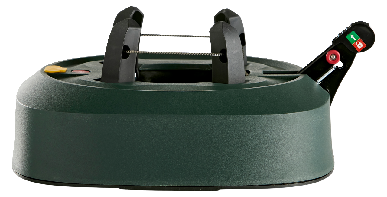 Seitliche Ansicht eines grünen Christbaumständers mit Hebelmechanismus und Spannseilen.