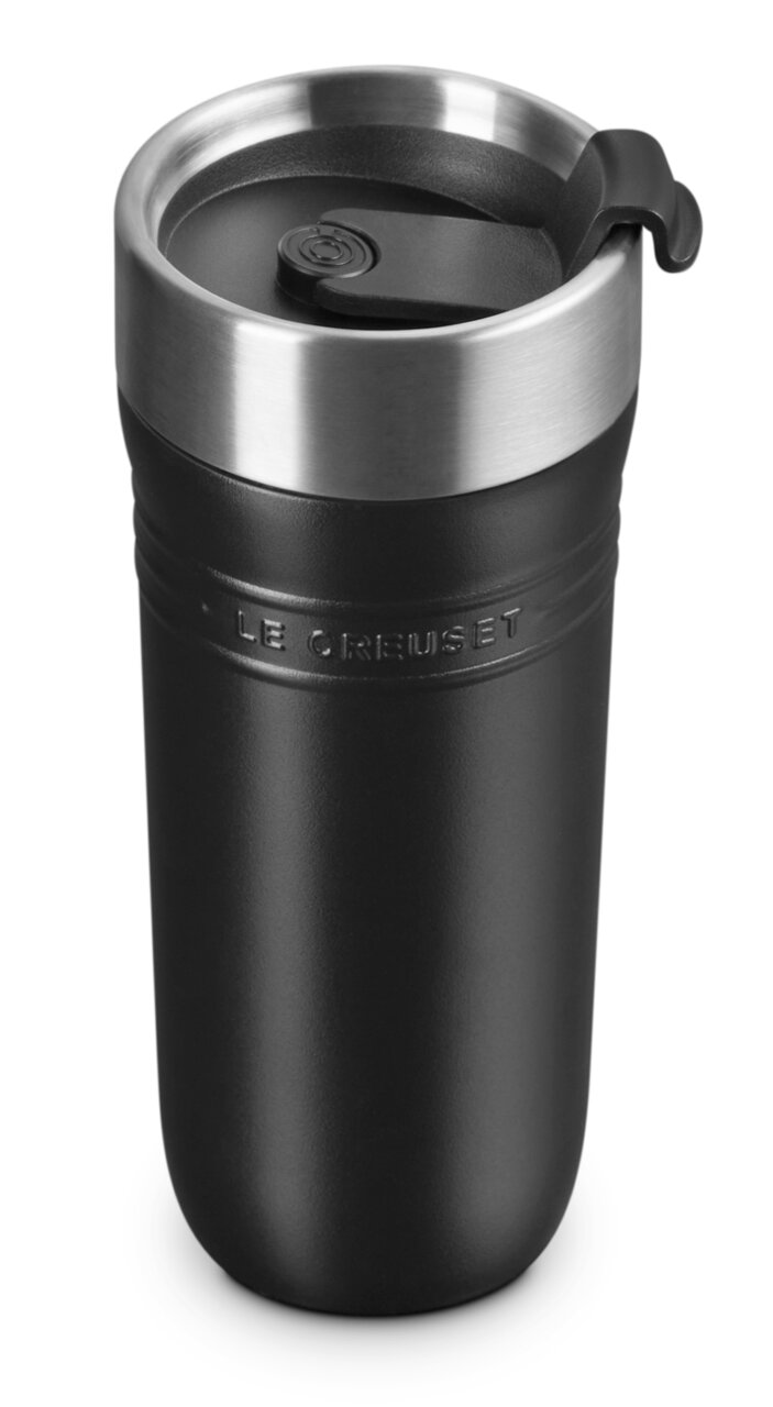 Schwarzer Thermobecher 350ml mit Edelstahlrand, Vorderansicht