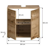 Waschbeckenunterschrank aus Holz mit zwei offenen Türen, Frontansicht, Maße: 60 cm hoch, 64 cm breit, 34 cm tief.
