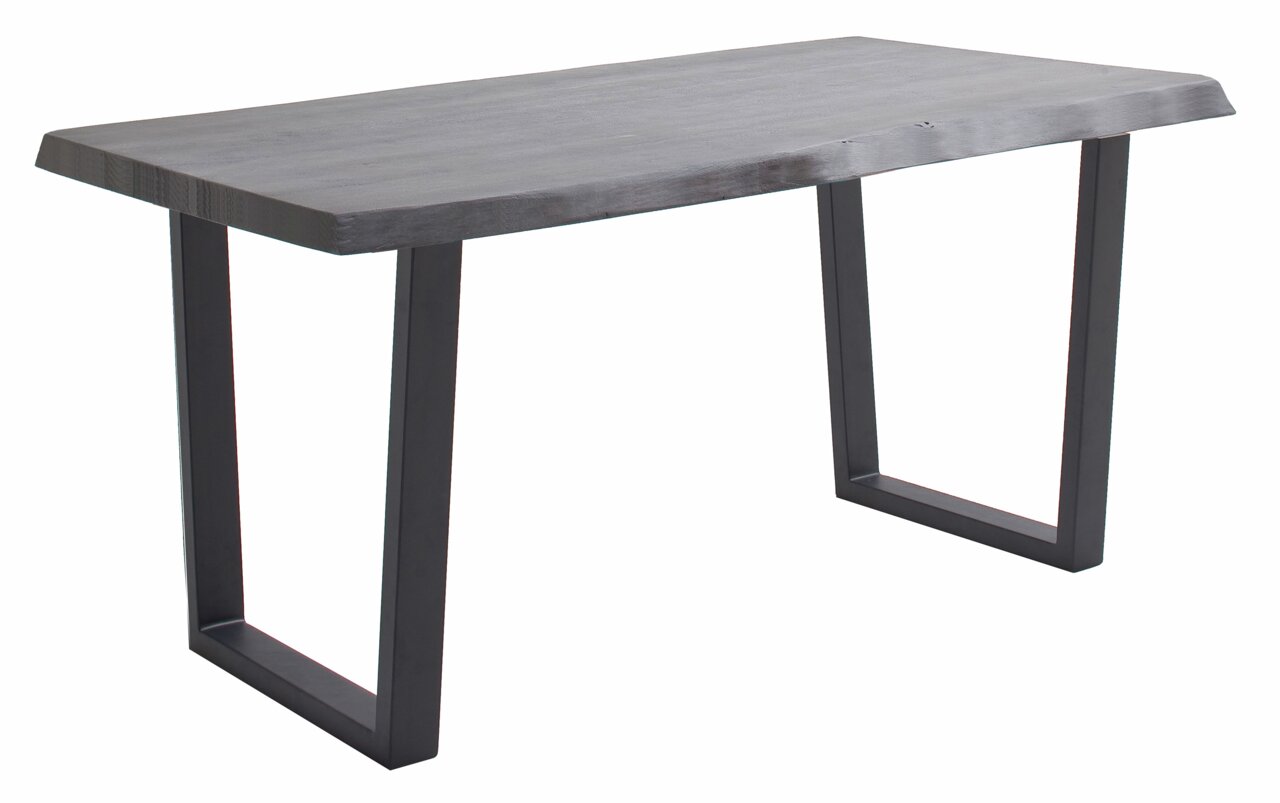 Moderner Esstisch mit dunkler Holzplatte und schwarzen Metallbeinen, seitliche Perspektive