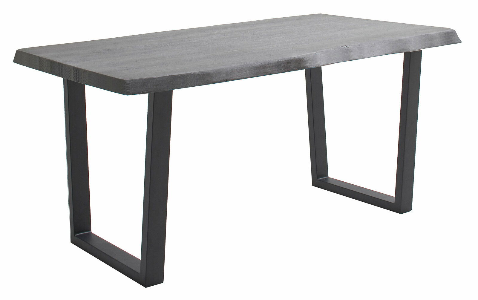 Moderner Esstisch mit dunkler Holzplatte und schwarzen Metallbeinen, seitliche Perspektive