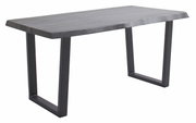 Moderner Esstisch mit dunkler Holzplatte und schwarzen Metallbeinen, seitliche Perspektive