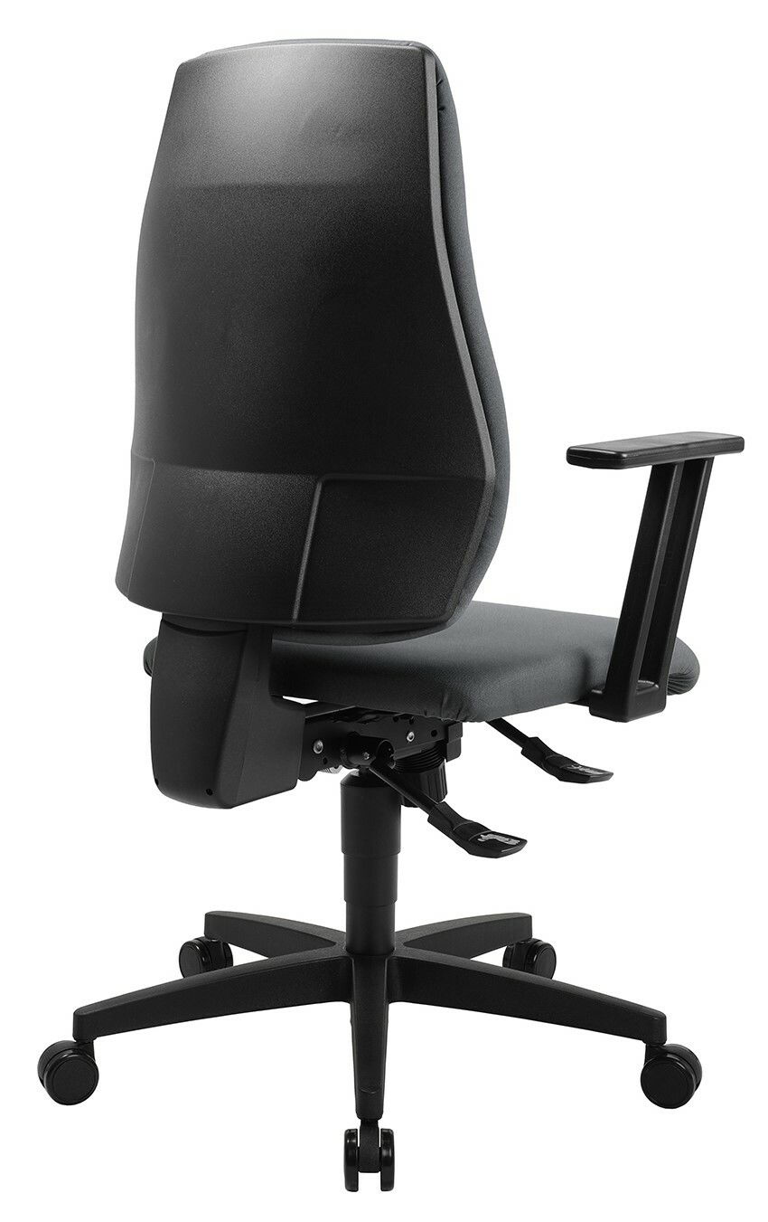 Bürostuhl von hinten mit verstellbaren Armlehnen und Rollen