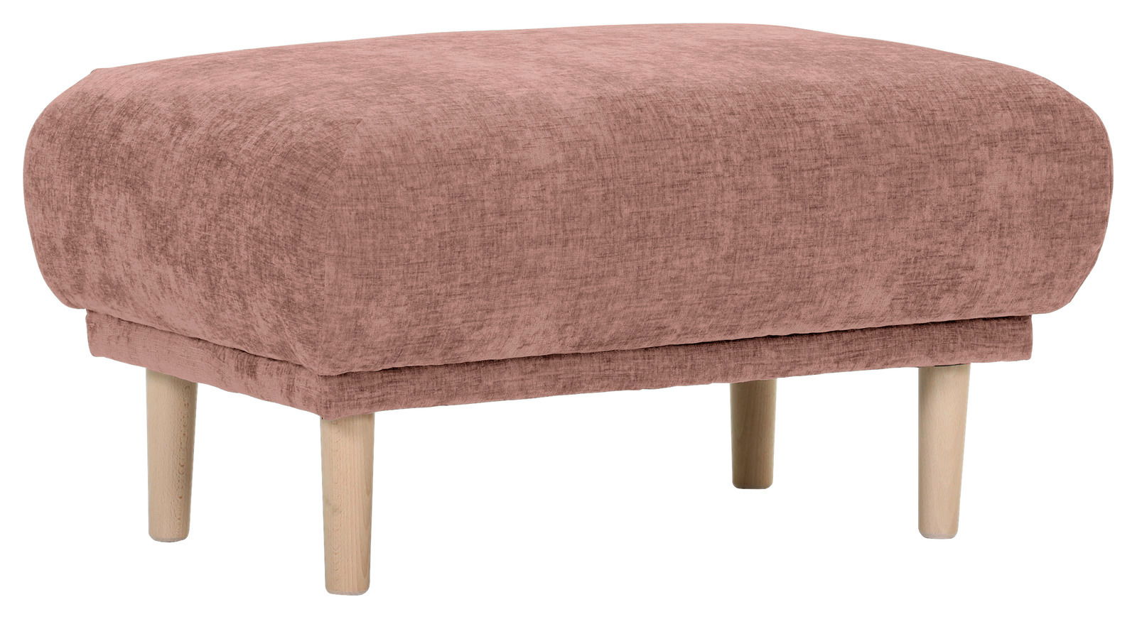 Rosa Hocker mit Holzbeinen, seitliche Perspektive