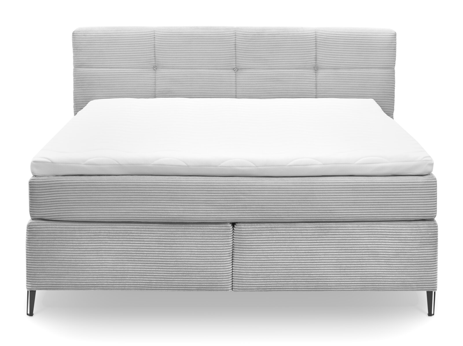 Frontale Ansicht eines grauen Boxspringbetts mit gestepptem Kopfteil und weißen Matratzenauflagen.