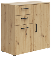 Kommode aus hellem Holz mit drei Schubladen und einer Tür, schwarze Griffe, seitliche Perspektive