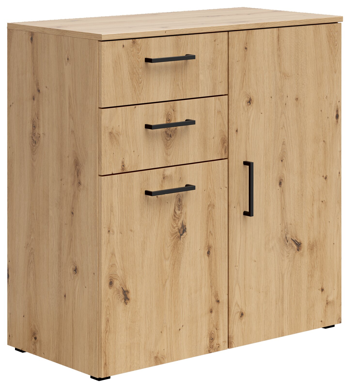 Kommode aus hellem Holz mit drei Schubladen und einer Tür, schwarze Griffe, seitliche Perspektive