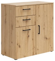 Kommode aus hellem Holz mit drei Schubladen und einer Tür, schwarze Griffe, seitliche Perspektive