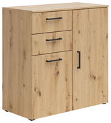 Kommode aus hellem Holz mit drei Schubladen und einer Tür, schwarze Griffe, seitliche Perspektive