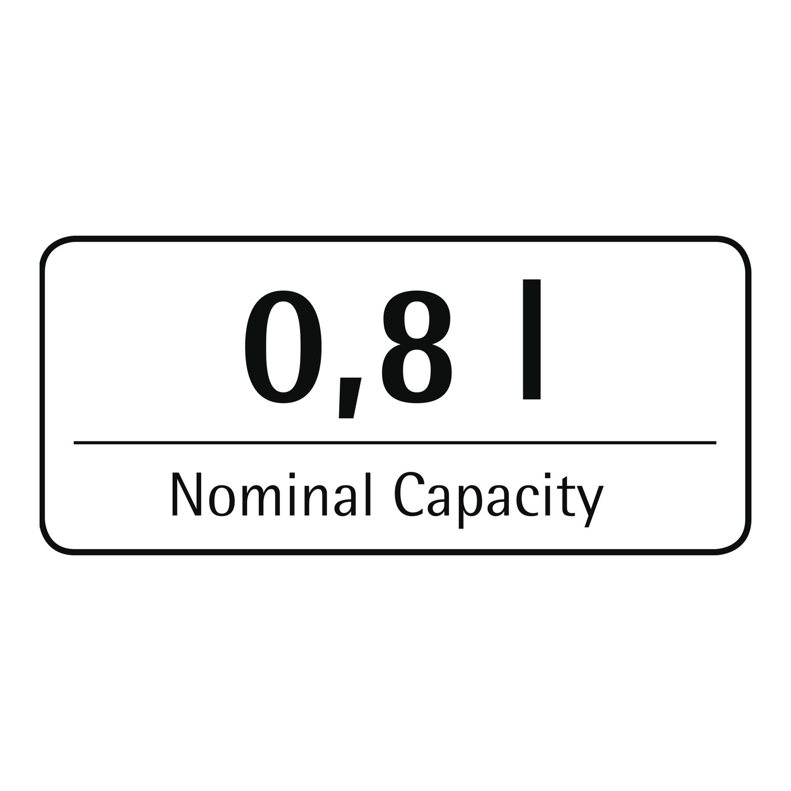 Etikett mit der Aufschrift 0,8 l Nominal Capacity, Vorderansicht