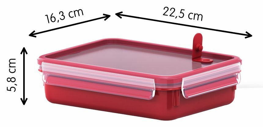 Rote Mikrowellendose mit einem Fassungsvermögen von 1,2 Litern, abgebildet in einer schrägen Perspektive, die die Länge von 22,5 cm, die Breite von 16,3 cm und die Höhe von 5,8 cm zeigt.
