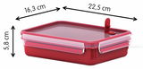 Rote Mikrowellendose mit einem Fassungsvermögen von 1,2 Litern, abgebildet in einer schrägen Perspektive, die die Länge von 22,5 cm, die Breite von 16,3 cm und die Höhe von 5,8 cm zeigt.