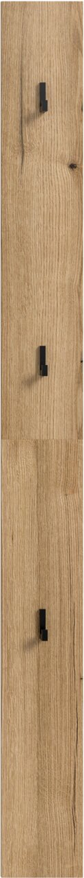 Frontale Ansicht einer hohen Schranktür in heller Eichenholz-Optik mit drei schwarzen, minimalistischen Griffen.