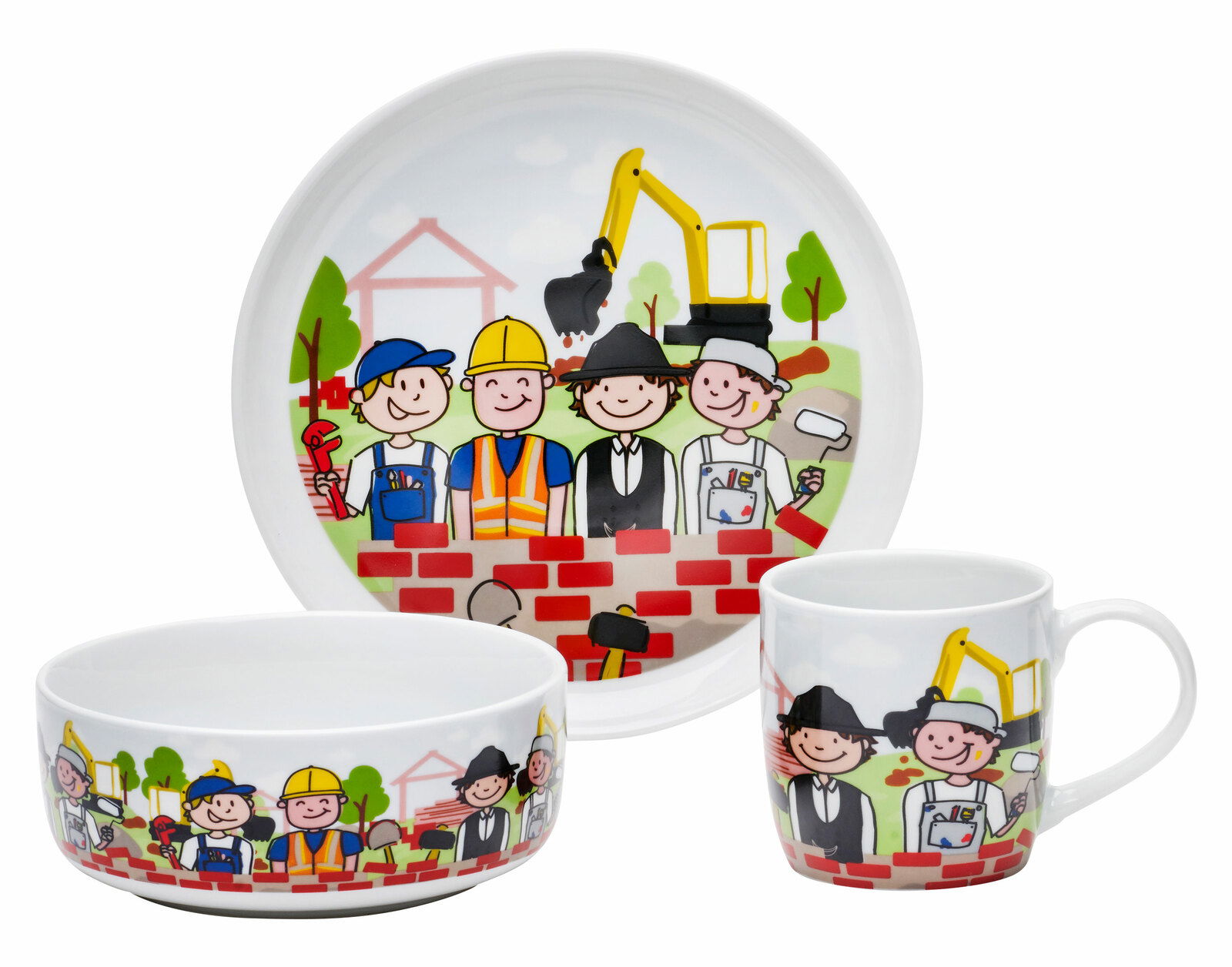 Kindergeschirr-Set mit Baustellenmotiv, bestehend aus einem Teller, einer Schale und einer Tasse, mit fröhlichen Bauarbeitern und Baugeräten, Vorderansicht.
