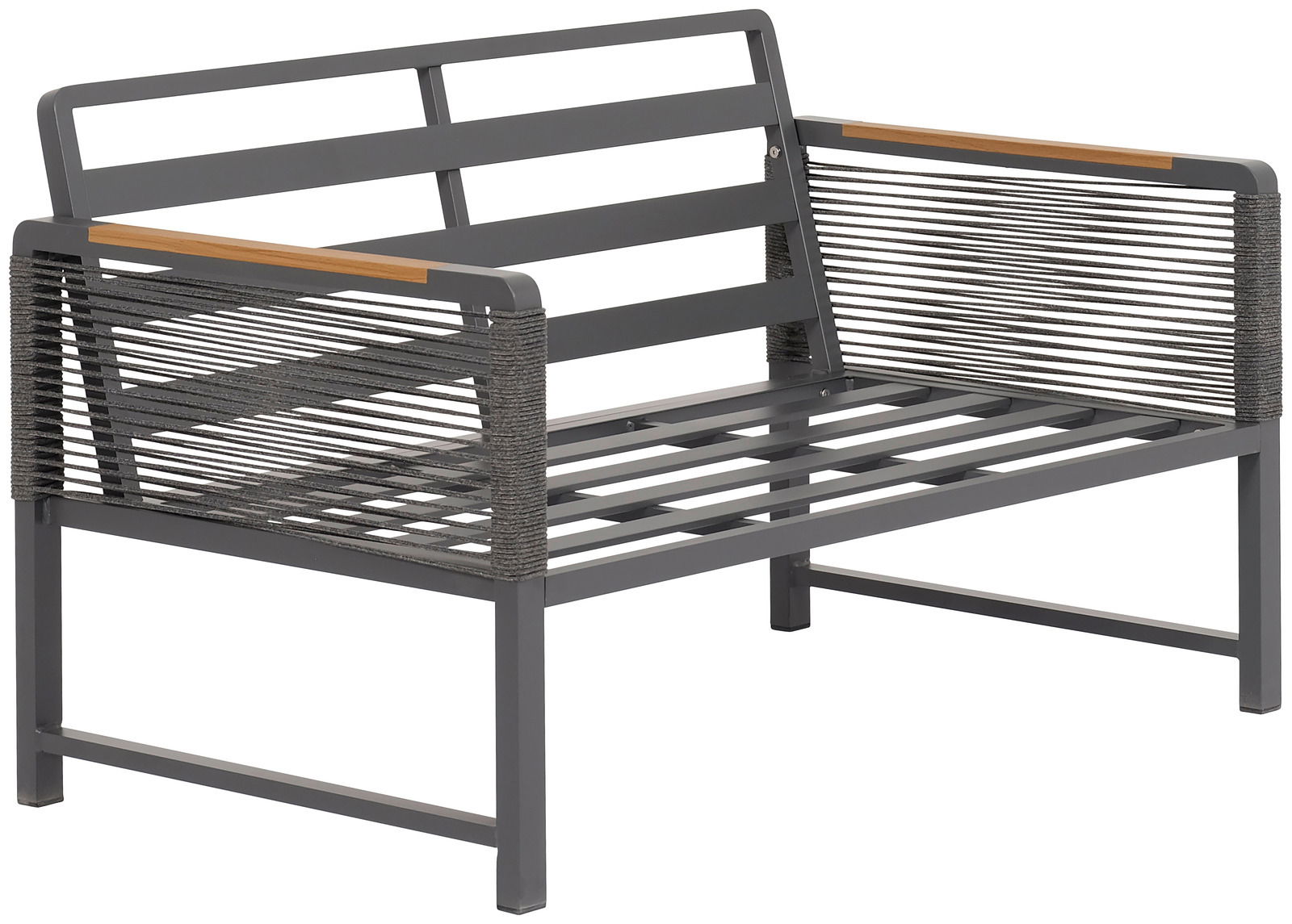 Zweisitzige Sitzbank aus Metall mit seitlichen Seilakzenten, seitliche Perspektive